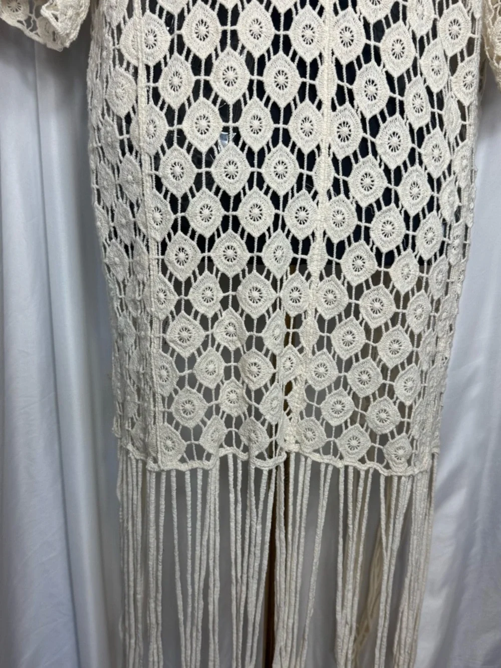 Rebellion Again 100% cotton fringe boho crochet kimono duster Small NWOT - Picture 10 of 14